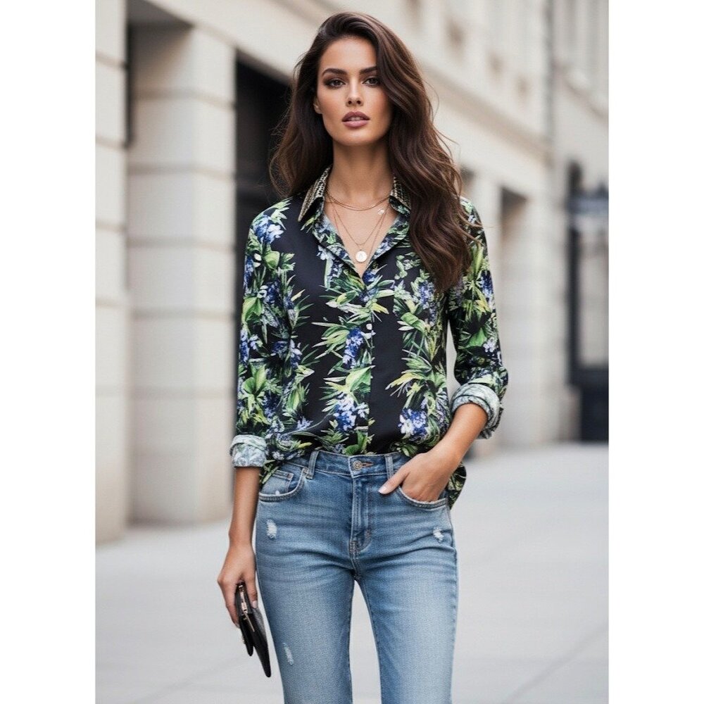 Vtg Y2K Wielisa 100% Silk Floral Button Down L/S Blouse | Quiet Luxury Resort XS - Picture 1 of 16